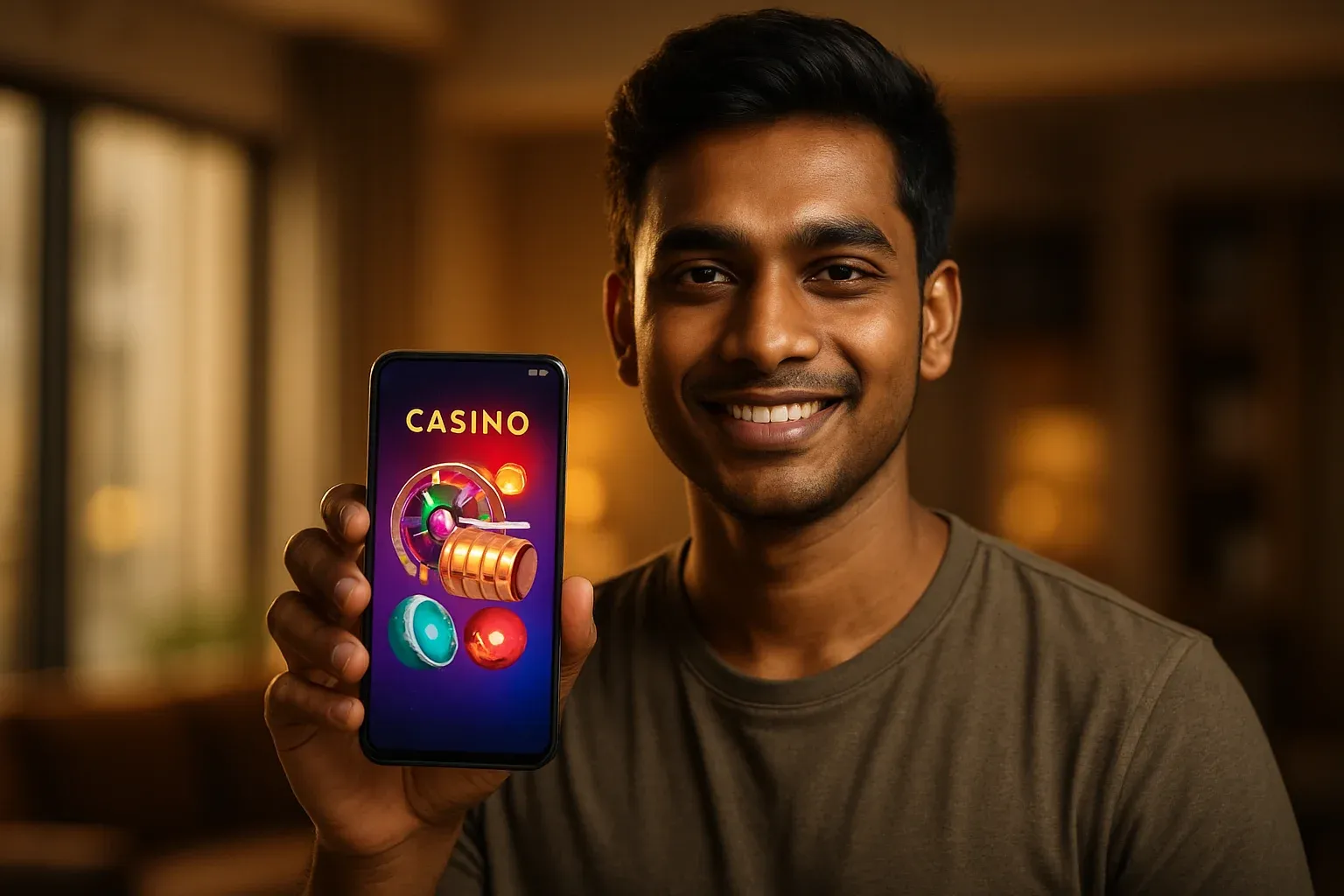 Young Bangladeshi man holding smartphone showing colorful mobile casino app