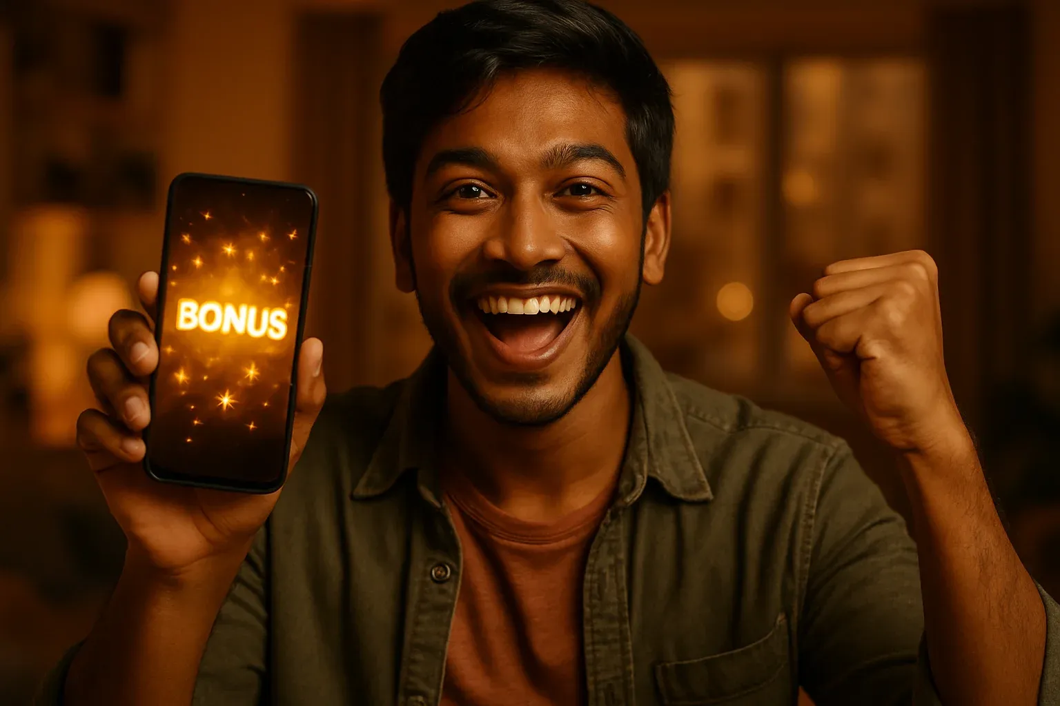 Joyful Bangladeshi man holding smartphone with glowing bonus notification screen