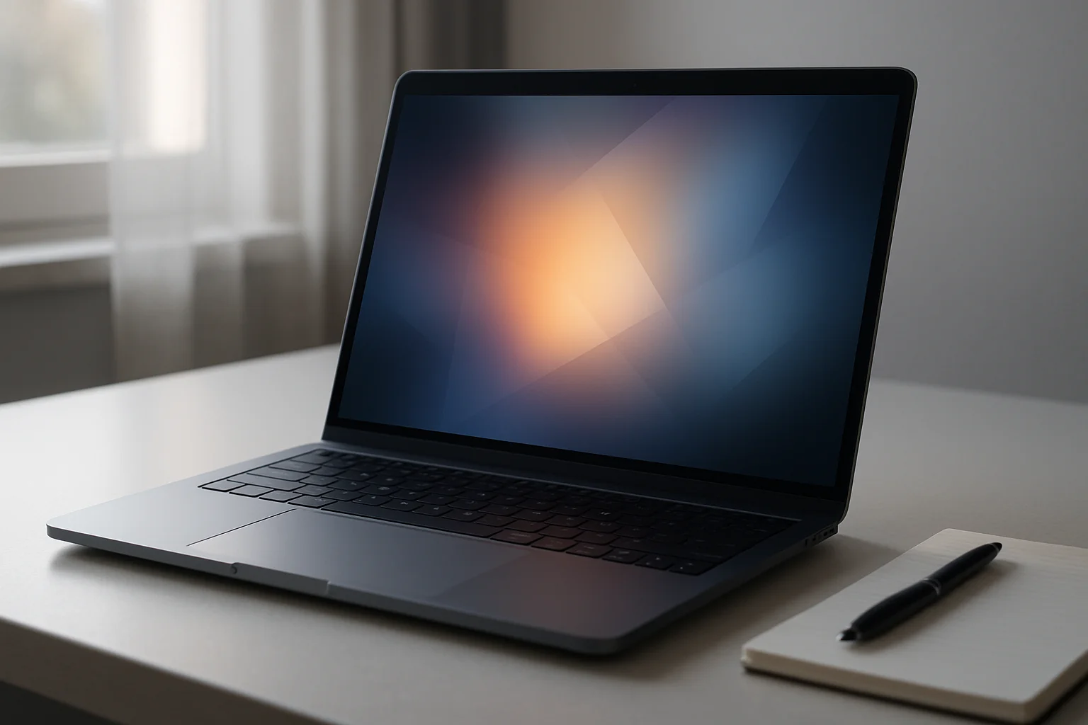 Modern laptop on white desk with pen and notepad