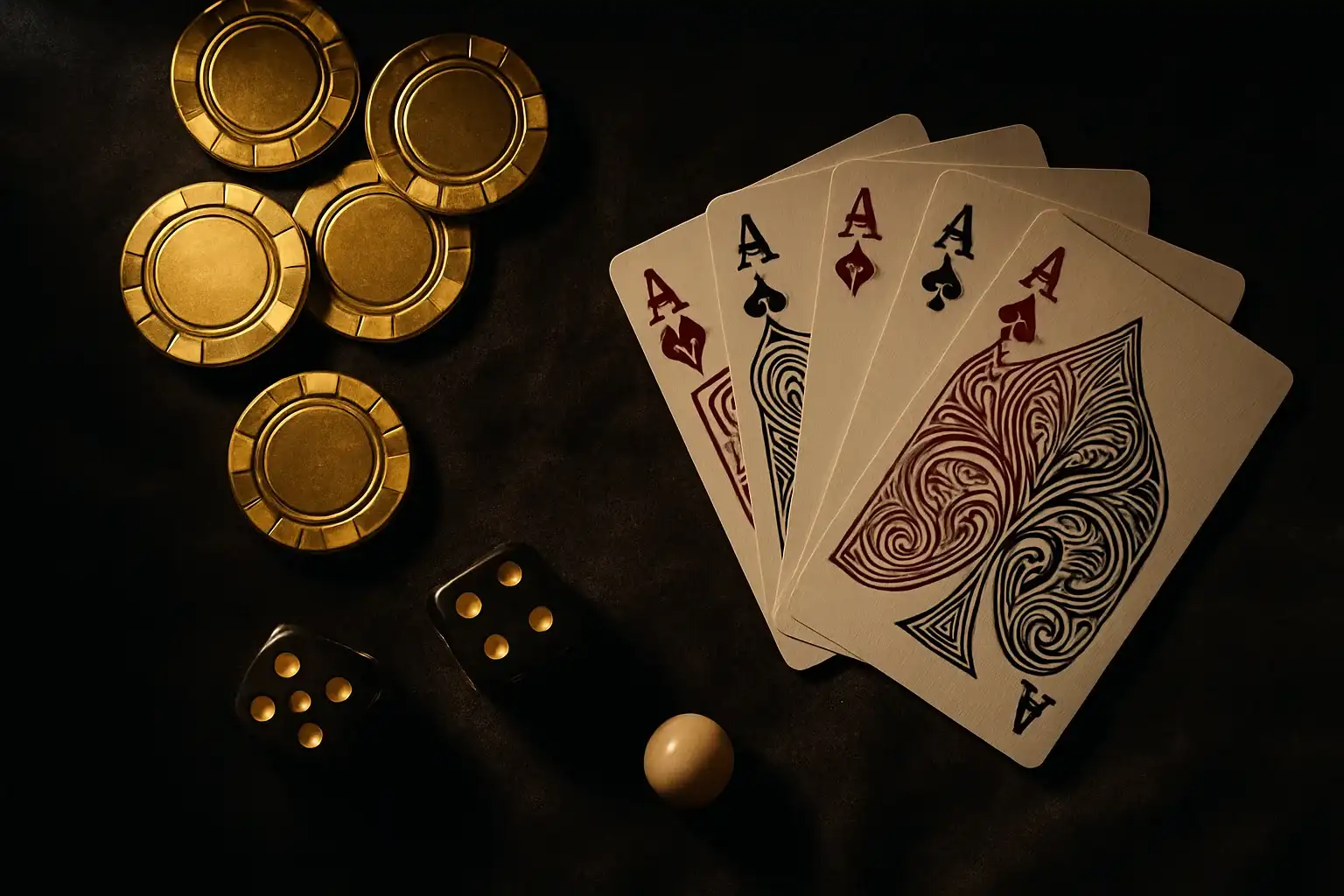 Top-down casino scene with chips, cards, dice, and roulette ball