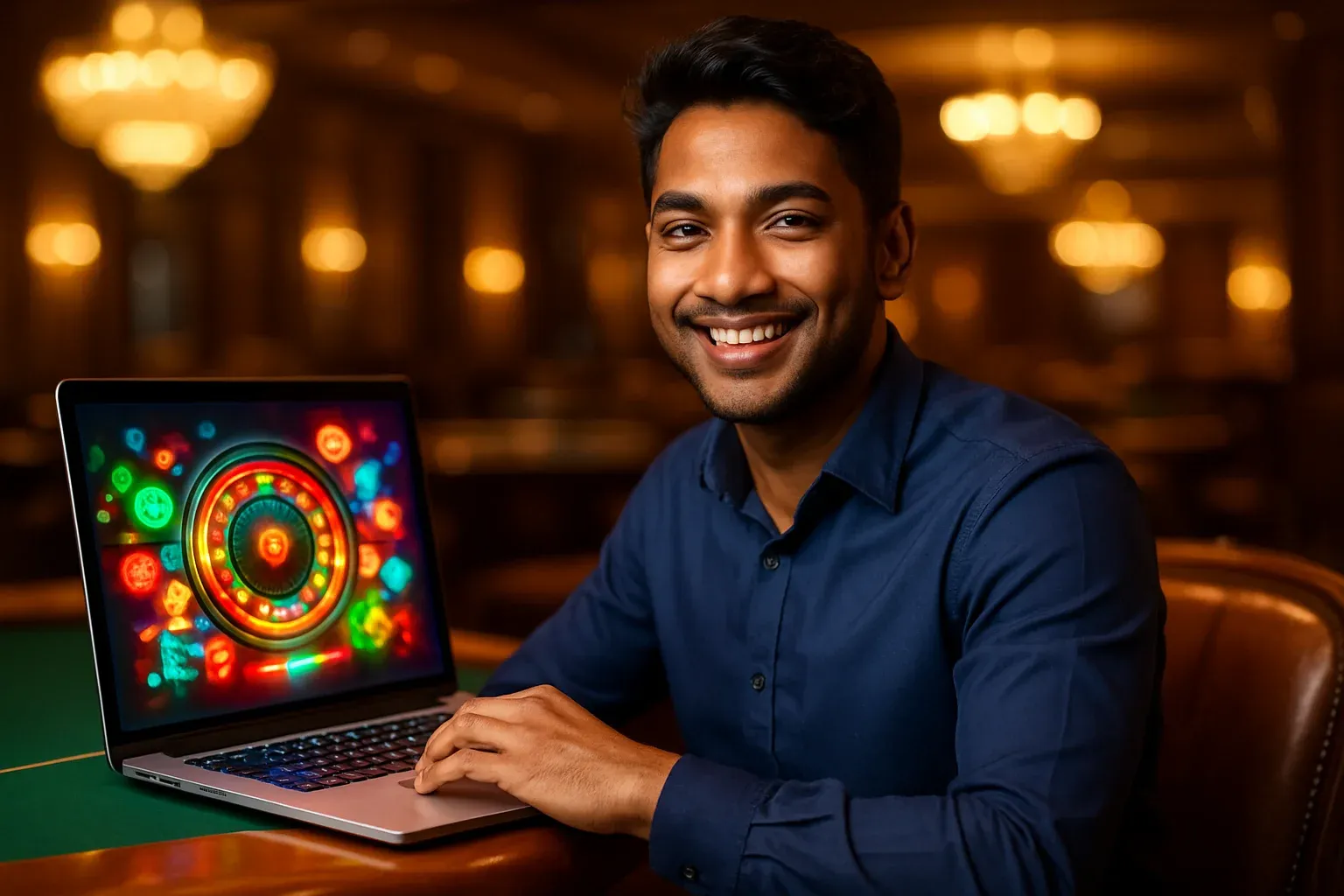 Cheerful Bangladeshi man with open laptop at premium casino lounge