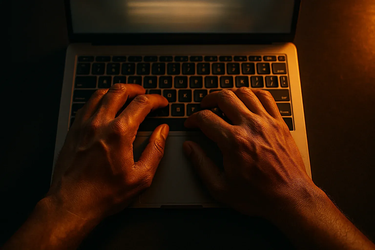 Bangladeshi man's hands typing on modern laptop in dramatic lighting