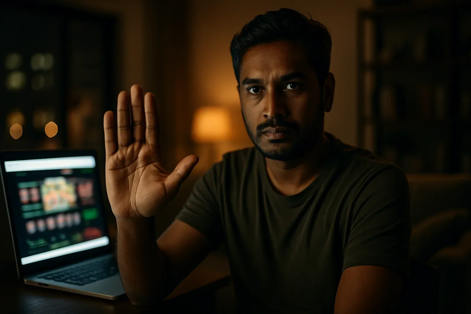 Bangladeshi man making stop gesture beside blurred online casino laptop