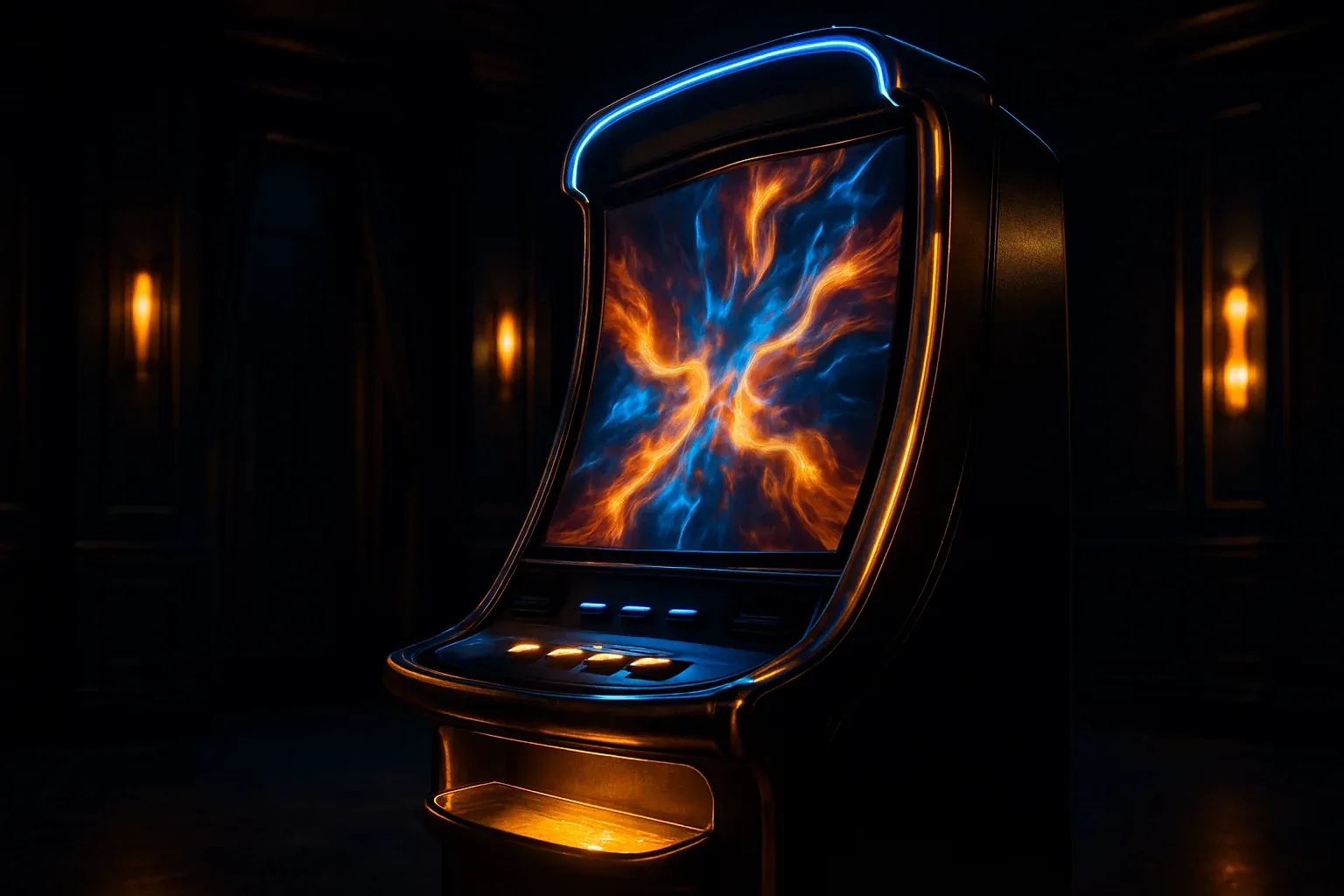 Hyperrealistic premium slot machine in dark luxury setting with neon lighting